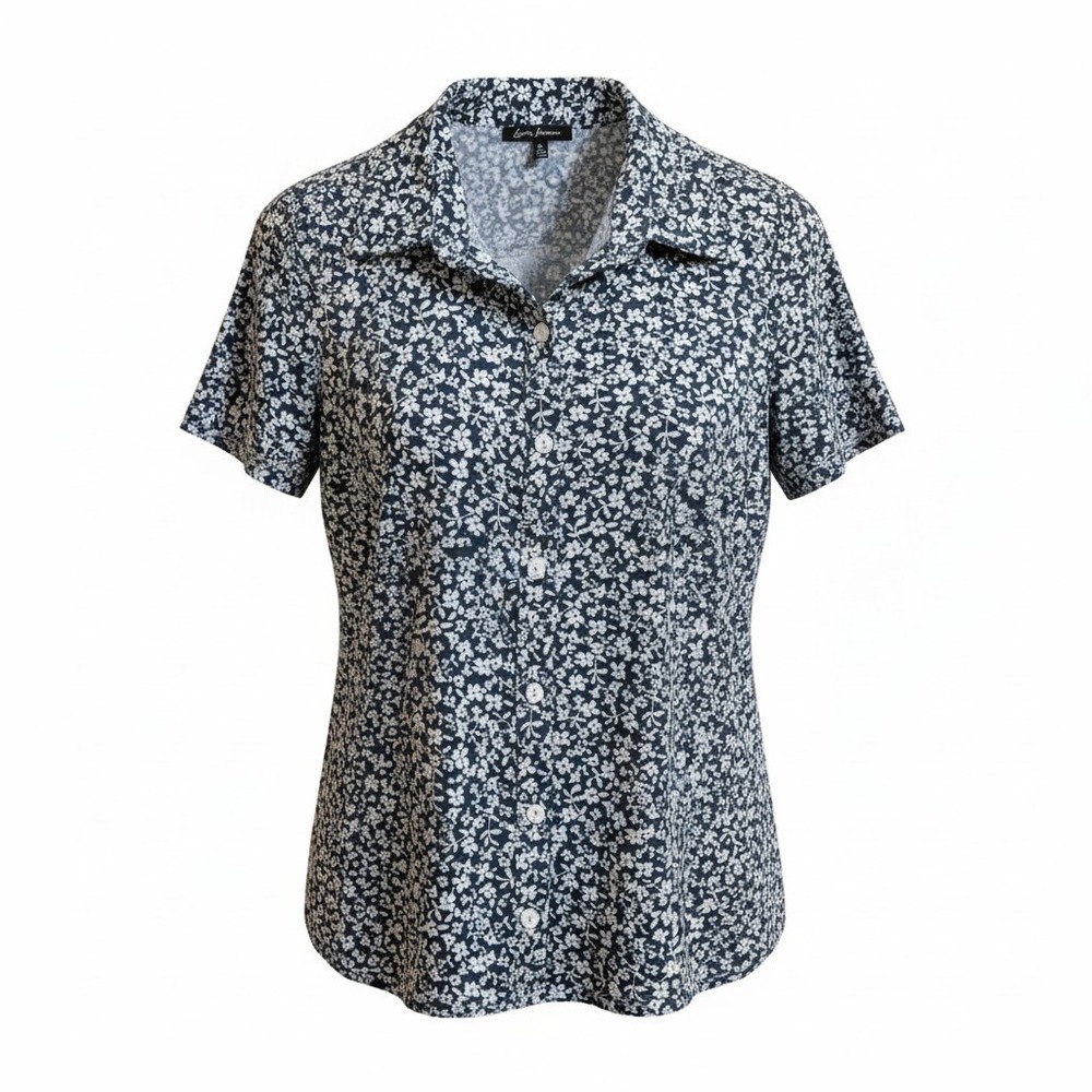 Love Maven Womens Blouse Size PL Green White Floral Short Sleeve V-Neck‎ Button